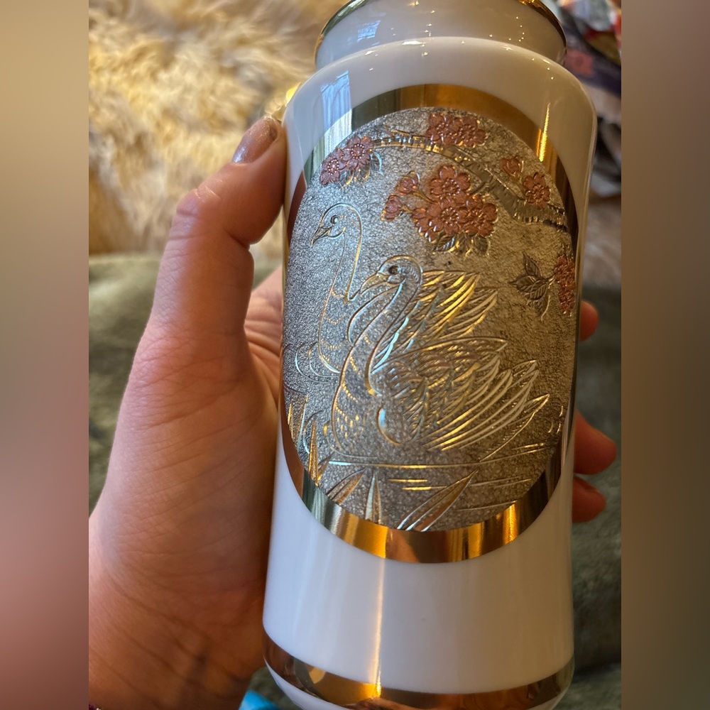 VINTAGE Japanese Chokin Art Vase • 24K Gold Swan Relief • Porcelain • EUC - Picture 6 of 15